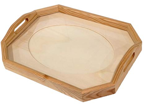 Bandeja Cristal para labores. Octogonal. En Madera en Crudo, se Puede Pintar.Medida Exterior (Ancho/Fondo/Alto): 43 * 33 * 7 cms. Medida Interior passepartout 33 * 23 cms.