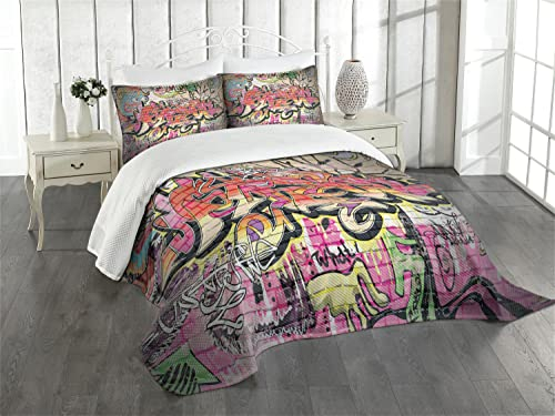 ABAKUHAUS urban Graffiti Tagesdecke Set, surreal Malerei, Set mit Kissenbezügen Waschbar, für Einzelbetten 170 x 220 cm, Lila Schwarz