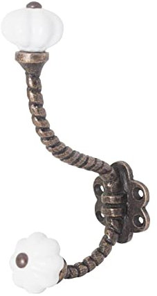 Knober Vintage Keramikhaken Antik, Wandhaken, Garderobenhaken mit Keramikkugeln (Weiß Kürbisknauf)