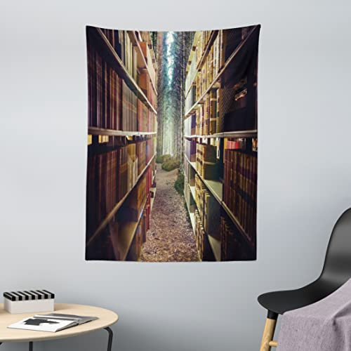 ABAKUHAUS Bücherregal Wandteppich, Zusammenfassung Bibliothek in Woods aus Weiches Mikrofaser Stoff Waschbar ohne Verblassen Digitaldruck, 110 x 150 cm,Kastanienbraun