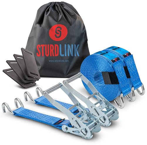 Sangles d'Arrimage Poids Lourd 50mm 9M avec Crochets LC 5000kg en U, STF 350daN | Lot x2 + 4 Protections + Sac | Sangles à Cliquet pour Camion Poids Lourd Transporteur Remorque | EN12195-2 Sturdlink®