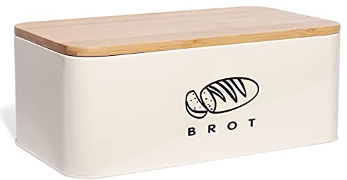 Theo&Cleo Brotkästen mit Deckel, 42 * 23 * 16cm, Deckel aus Ökologisches Bambus, Kann als Schneidebrett, Geräumiger Retro Brotkasten aus Metall, Brot Lange Aufbewahren und Frisch Halten Beige
