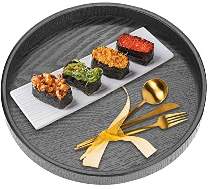 Round Wooden Tray Black Coffee Snack Food Meals Transfer Tray Non Slip Solid Wood Tea Coffee Snack Food Meals Serving Tray for Table Dishes Fruits Snacks Breakfast Restaurant Hotel