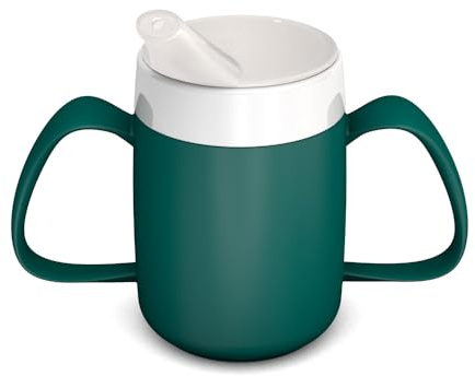 Ornamin 2-Henkel-Becher Pflegebecher mit Schnabelaufsatz für Senioren & Pflegebedarf | Petrol | Trinkbecher | Trinkhilfe | Schnabelbecher | Ergonomischer Becher