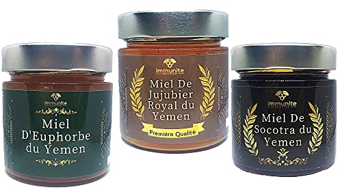 Pack 3 miels du Yemen - miels rares et prestigieux avec des vertues immenses - miel de l'île de Socotra (250g net) - miel de jujubier royal (250g net)- miel d'euphorbe (250g net) - 750g poids net