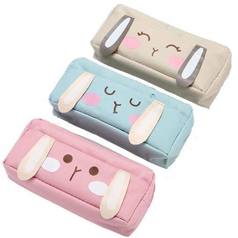 freesiom Lot de 3 Trousse Scolaire a Crayon Fille Garcon Ado Tissu Grande Capacite Lapin Sac Organiseur Fourniture Scolaire Kawaii Original Fun Pochette Etudiant College Rose Beige