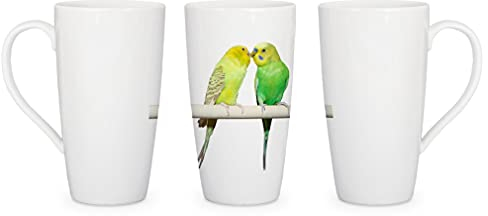 Merchandise for Fans Latte Macchiato Becher Kaffeebecher aus Keramik mit Fotodruck - 450ml - Motiv: Wellensittich |001