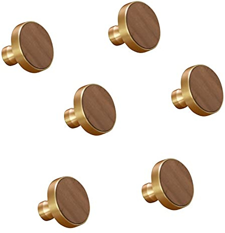 Knober 6 X Möbelknopf 30 mm Holz braun Messing für Kommoden Schränke Schubladen Knäufe Knöpfe leichte Montage