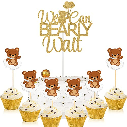 MEZHEN Bär Tortendeko Glitter Cake Toppers We Can Bearly Wait Kuchen Dekoration Gender Reveal Party Bear Cake Toppers Deko Baby Shower