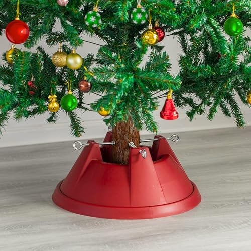 ADEPTNA Heavy Duty Christmas Tree Stand Premium Sturdy Plastic Xmas Tree Holder – Holds Tree up to 9 Feet Xmas Tree – Ideal for Real Xmas Tree and Keeps your Tree well Hydrated (RED, UP TO 9FT TREE)