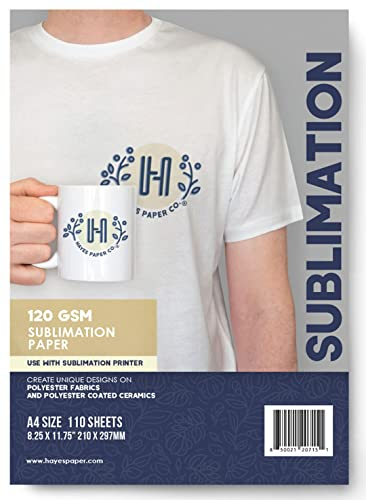 HAYES PAPER CO. Lot de 110 feuilles de papier de sublimation pour impression thermique sur t-shirts et tasses en céramique Qualité 120 g/m² Format A4