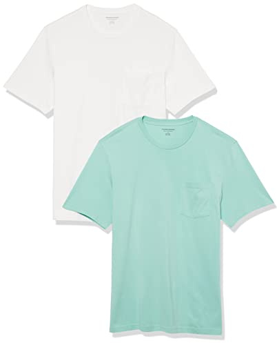 Amazon Essentials Men's Short-Sleeve Crewneck Pocket T-Shirts, Pack of 2, Aqua Green/White, XXL