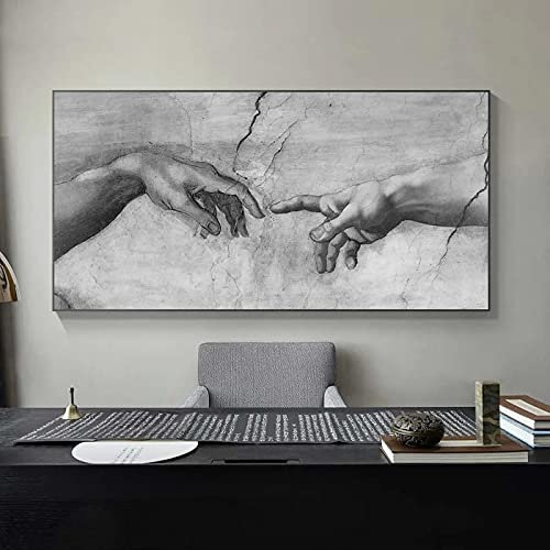 Yishui Art Schwarz-Weiß-Leinwandgemälde Die Erschaffung Adams von Michelangelo Berühmte Wandkunst Poster und Drucke Hand-zu-Hand-Bilder 50 x 100 cm (20 x 39 Zoll) rahmenlos