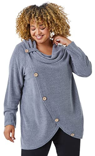 Roman Curve Cowl Neck Button Wrap Top for Women UK - Ladies Autumn Everyday Winter Holiday Long Sleeve Soft Knit Jersey Jumper Warm Cozy Tops - Light Grey - Size 20
