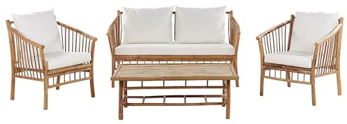 Beliani Salon de Jardin 4 Places en Bambou Blanc Boho Banc 2 Fauteuils Table Basse Maggiore
