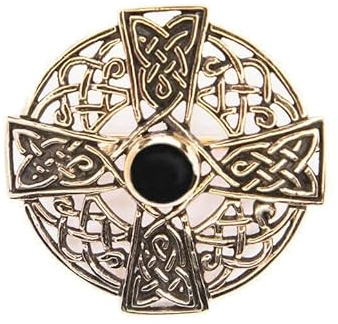 WINDALF Keltische Fibel NAMIDA Ø 3.4 cm Keltisches Kreuz Brosche mit Schutz Onyx Bronze