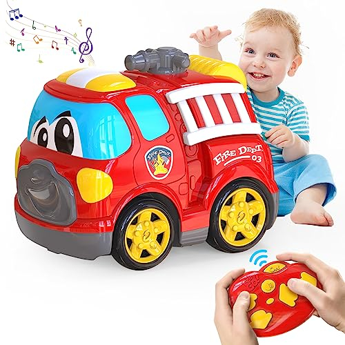 JOLLY FUN Remote Control Car for Toddlers Age 1 2 3,19CM RC Fire Engine Car Toys with Lights and Music for Kids 1 2 3 Years Old,2.4G Cartoon Car Toys Birthday Present Gift for Boys and Girls