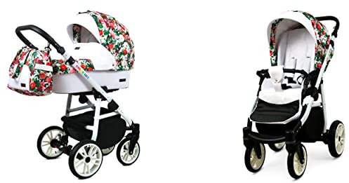 BabyLux Color Lux Passeggino 2in1 Deep e Passeggino con Accessori Struttura in Alluminio Regolabile e Pieghevole 2 Opzioni di Montaggio Ruote Impermeabili Small Roses White Frame
