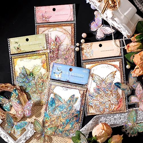 Scrapbook Zubehör Stickers 80 Stück,Laser Bullet Journal Sticker PET Scrapbooking Zubehör Glitzer Harz Set Scrapbooking Sticker Aufkleber (Schmetterlinge) Deko für Hochzeit,Fotoalbum,Kalender