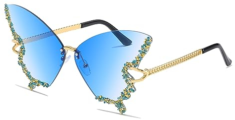 YAMEIZE Schmetterling Sonnenbrille Randlose Vintage Brillen-Lustige Diamond Strass Disco Brille für Herren Damen Getönte Rave Brille Festival Sonnenbrille