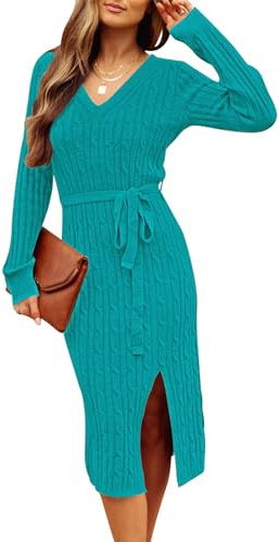 MEROKEETY Damen V-Ausschnitt Zopfmuster Pulloverkleid Langarm Bodycon Schlitz Pullover Midikleid mit Gürtel, Blasser Pfau, Mittel