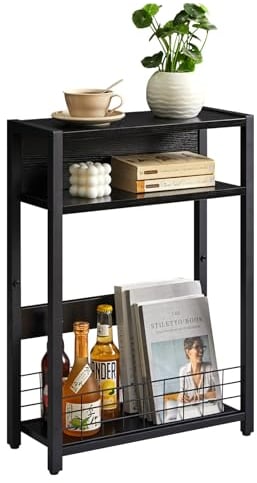 IBUYKE Narrow Side Table with Storage Shelf, 3 Tier End Table,Modern Sofa Table,Small Nightstand with Magazine Rack,Telephone Table for Small Spaces,for Living Room, Bedroom, Black TMZ001B