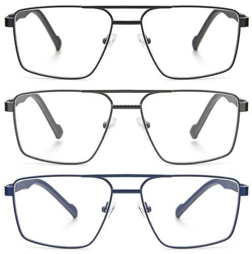 KoKoBin 3 Stück Metall Lesebrille Herren rechteckige Rahmen aus Edelstahl mit Federscharnieren Computer Lesebrillen Vintage Eyewear (3 Stück(Schwarz, Blau, Grau), 1.5)