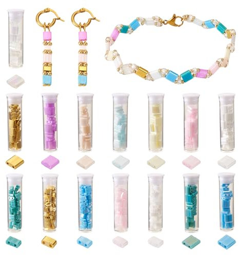 Bestewelry Lot de 395 perles rectangulaires en verre à 2 trous, mini perles d'espacement plates pour la fabrication de bijoux à plusieurs brins, 15 styles