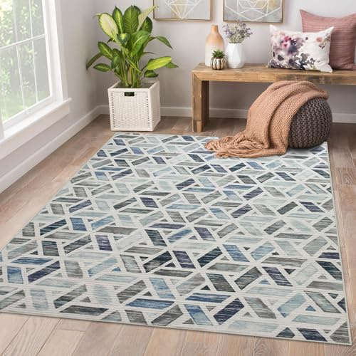 AMEHA Rugs Living Room Large 160x230 cm - Blue Area Rugs for Bedroom (ZZZ) | Easy to Clean Non Slip Modern Carpet Non Shedding Abstract Design Durable Soft Low Pile Large Bedside Rug for Kids Room