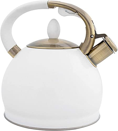 Stove Top Kettle,Induction Hob Kettle, White Whistling Kettle Tea Kettle for Stove Top Stainless Steel Teapot Electroplated Bronze Handle (Color:White)