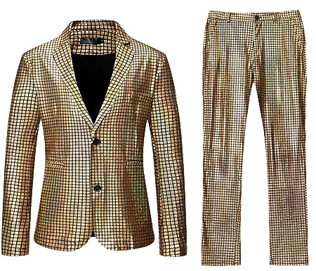 Anzug Herren 2 Teilig Disco Sets Glitzer Jacke und Hose Metallic Glänzende Pailletten Anzüge für Discokugel Party Karneval Kustüm Hochzeit 70er 80er Jahre Outfit Mottoparty Elegant Herrenanzüge