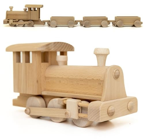 Holzfee Holzzug Dampflok Holz Eisenbahn Zug 86cm Lokomtive mit 3 Waggons Hänger