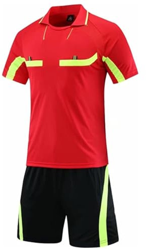 Fußball-Set für Herren, Trikot, Schiedsrichter, Fußball, Erwachsene, kurzärmlig, mit Shorts, Sport, Trainingsanzug, Fußballtrikot, umklappbarer Kragen, Kurzarm, Shorts mit drei Taschen, rot, L