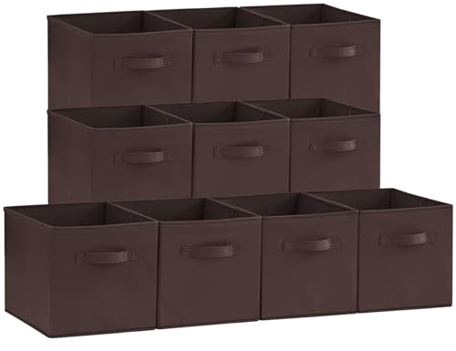 Lifewit 10 Stück Aufbewahrungsbox aus Stoff, Faltbar Aufbewahrungswürfel Boxen Aufbewahrung Ordnungsboxen aus Vliesstoff mit Griff für Kisten Kallax Boxen Regal 33 x 33 x 33 cm,Bruin