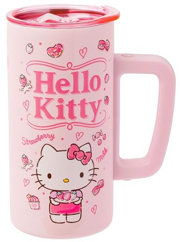 Silver Buffalo Hello Kitty Strawberry Milk Storefront - Taza de café de acero inoxidable de doble pared con asa, 15 onzas