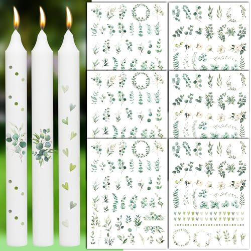 BOFUNX 6pcs Kerzentattoos Eukalyptus Kerzen Tattoofolie Wassertransfer Kerzen Sticker Kerzendeko für Taufe Kommunion Hochzeit Geburtstag Party