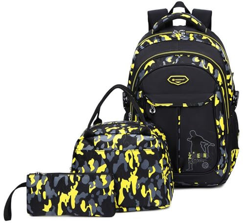 ZHIERNA Schulrucksack Jungen Teenager Rucksack Kinder Schultaschen Kinderrucksack Camouflage Rucksäcke Jugendliche Teens Schule Daypacks Schultertaschen Set Mit Lunchpaket und Federmappe