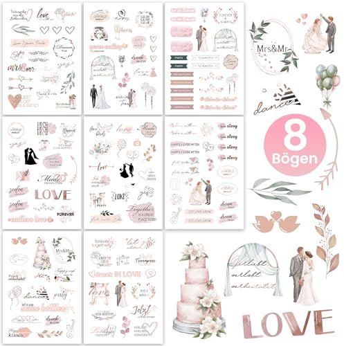 Hyggartn Sticker Hochzeit Gästebuch – 128 Aufkleber auf 8 Bögen mit liebevollen Motiven – Für Hochzeitsalbum, Scrapbook & Gästebuch – Deko Sticker zur Hochzeit