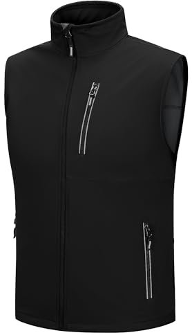 Outdoor Ventures Mens Softshell Gilet Waterproof Windproof Vests Sleeveless Jacket Outerwear with Zip Pockets for Cycling, Hiking, Safari, Golf Black L