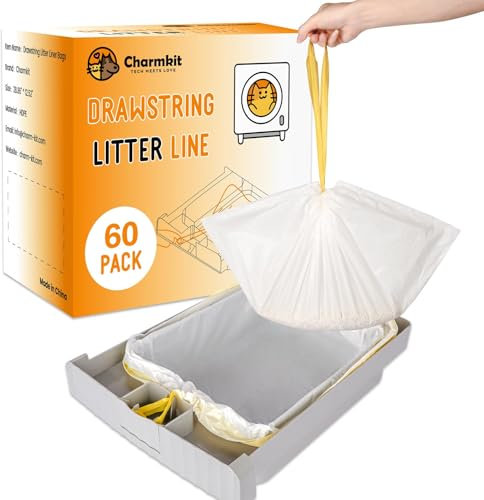 Charmkit 60 piezas de bolsas de basura con cordón para bandejas de arena para gatos, bolsas de basura para bandejas de arena automáticas para cajones de autolimpieza.