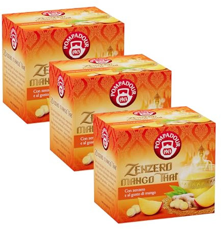 Pompadour, Infuso Zenzero Mango Thai, 30 Filtri (3 Confezioni da 10 Filtri), Gusto Dolce Leggermente Speziato, Senza Lattosio, Glutine e Allergeni, Vegan