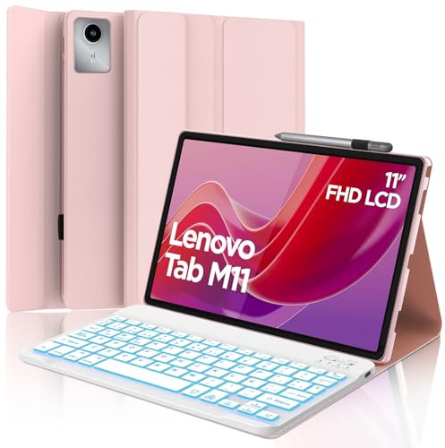 SENGBIRCH Funda con Teclado para Lenovo Tab M11, Lenovo Tab M11 Funda Teclado, Teclado Español Ñ Bluetooth Retroiluminación Inalámbrico para Lenovo M11 Tablet (TB330FU/ TB330XU) 2024 11, Rosa