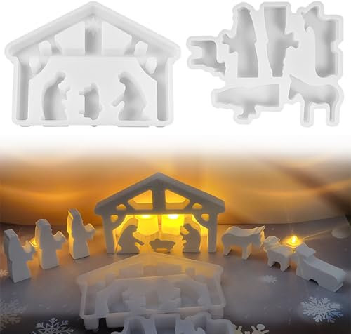 2 Stück Krippe Silikon Gießform, Silikonform Krippe, Silikonformen Gießformen, Krippe Set Giessformen zum Gießen, 3D Gipsform Weihnachten Krippe Silikonformen, Gießformen Silikon für DIY Kerze