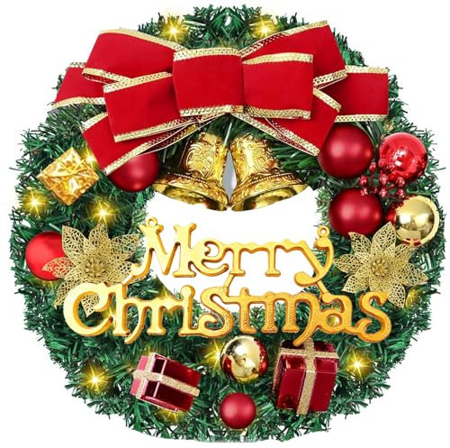 Christmas Wreath, 30cm Wreath Front Door Decorations with Light, Christmas Pine Wreath with Red Gold Bowknot and Letters for Christmas Wreath Decorations, Christmas Home Decor