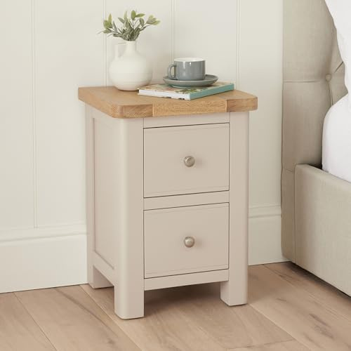 The Furniture Market Marbury Putty Grey Painted | Slim 2 Drawer Bedside Table | Narrow Nightstand for Small Spaces | Solid Wood | Brushed Nickel Handles | Fully Assembled | H 560 x W 400 x D 340mm