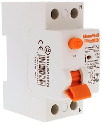 MeanWell Interruptor diferencial 300mA, Clase A, 1P+N 10000A 300mA, 2 módulos DIN, Residual Current Circuit Breaker, RCCB 1P+N 25A