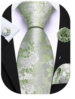 Barry.Wang Cravate florale avec épingle à revers en soie pour homme - Ensemble de boutons de manchette carrés pour mariage, fête de mariage, Vert sauge blanc, taille unique