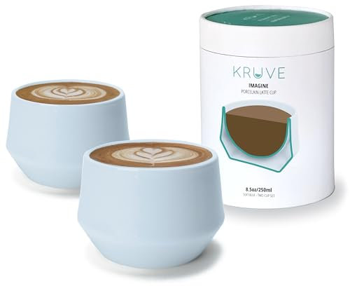 KRUVE Imagine Porcelain Latte Coffee Cups, Double Walled Espresso Cups, Glass Cups Set of Two - 8.5oz Thermal Spherical Design for Latte Art, Insulated Coffee Mugs for Heat Retention (Blue)