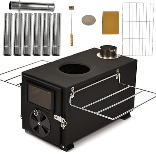 Estufa de Camping, Estufa de Carpa Caliente de Carbono Negro 430, Estufa de Leña Multifuncional, Estufa de Leña Portátil de Acero Al Carbono para Exteriores con 7 Chimeneas, Ventilaciones y Chimeneas