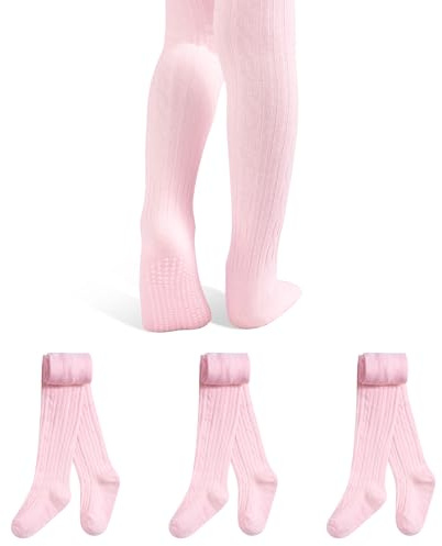 GENTABY Toddler Girls Tights Baby Non Slip Cotton Pantyhose 3 Pairs Boys Knit White Pink Black Grey for 6 Months to 6 Years Kids Tights